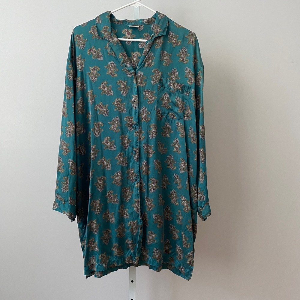 Desiree 100% Silk Boho Lagenlook Relaxed Moody MobWife Paisley Shirt XL Teal